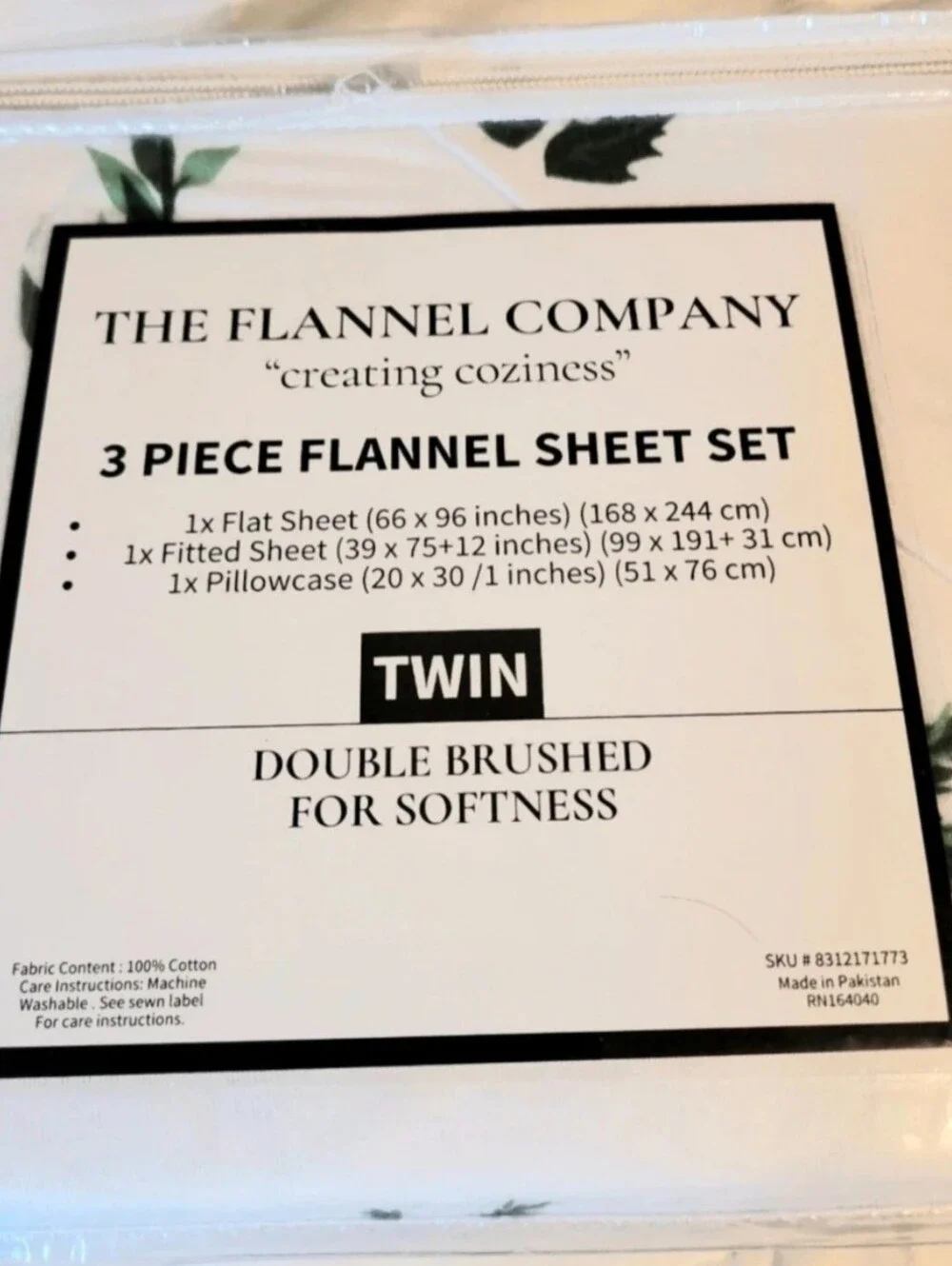 Twin 3-Piece Flannel Sheet Set in White with Green Leaf Print